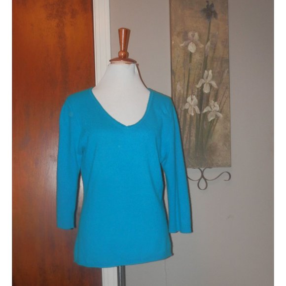 Claudia Nicole Blue Cashmere Sweater VNeck 3/4 Sleeve Large